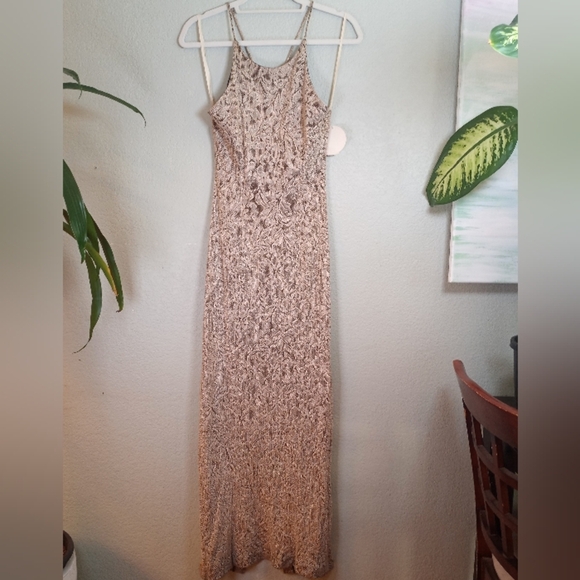 Vintage NWT Alchemy Shimmery Knit Overlay Lurex Gold Disco Crossback Maxi Dress - Picture 2 of 8